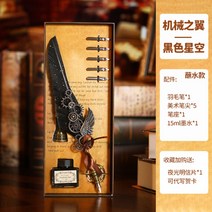 입문용 만년필 입문 저가 세필 딥펜 레트로 문구 세트, 기계의 날개 검은색 별하늘