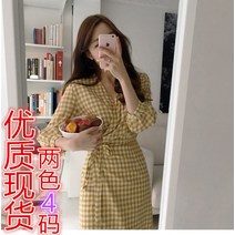 봄 여름 체크 무늬 드레스 원피스 랩 격자 여성용 여성 미디원피스 셔츠 끈