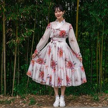 ﻿ 생활한복 수채화꽃 프릴 철릭원피스 핑크