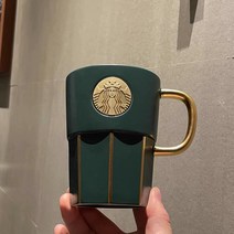 스타벅스 머그컵 클래식 잉크그린 브론즈 명판 골드 커플형 세트, 그린 줄무늬 컵선물세트 390ml