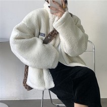 하라주쿠 양면 착용 램 울 코트 여성 가을 겨울 지퍼 업 플러시 자켓 여성 스탠드 칼라 따뜻한 자켓
