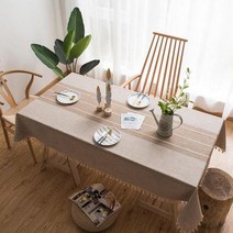 마벨인홈 북유럽 스타일 고급 린넨 식탁보, 커피2라인+태슬, 정사각형(140cm x 140cm)