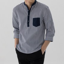 스타일에스 남자 빅사이즈 슬림핏 포켓 배색 스트라이프 헨리넥 차이나 7부 셔츠 봄 여름 남방