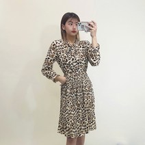 VANANA2 여성 레오파드 리본 플리츠 미니 원피스