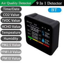악취 측정기 9 in 1 BT 대기 질 모니터 CO2 미터 이산화탄소 검출기시간날짜 TVOC HCHO PM2.5 PM1.0 PM10, 한개옵션1, 01 Black