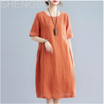 SHENGBO여성 여름 중년 빅사이즈 면마 린넨 원피스NO.0022F10L