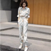 Crzen 여자 카고 점프슈트 여름 얇은 프린트 슬림 팬츠 23N510