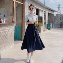 위위브렌 여성용 쉬폰 투톤리아 롱 카라 긴팔 원피스