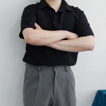 남자 여름 링클프리 헨리넥 반오픈 카라 반팔 셔츠