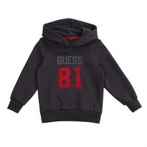 게스키즈 빅프린트 겨울 기모 공용 차콜 기모후드 티셔츠 G18KYT621B3