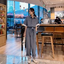 여성 반팔 캐주얼 셔츠형 카라 넥긴바지 점프수트