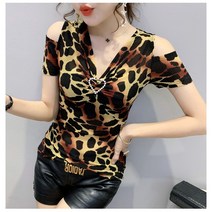 미미투 BT1582 여성 하트호피티셔츠 여름 타이트핏 스판 쫄티 브이넥 레오파드 애니멀 무늬 패턴 오프숄더 반팔