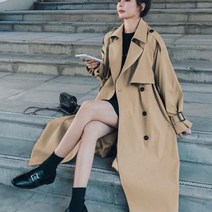 레트로스빈티지 튜닉 캐주얼 롱 코트 여성용 느슨한 더블 브레스트 블랙 카키 윈드 브레이커