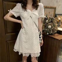 펀칭원피스 아일렛원피스 레이스 숏 미니 빈티지 리본 프렌치 소녀 자카드 프릴 쉬폰 반팔 흰색
