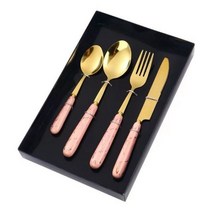 세라믹 손잡이 스테인리스 스틸 나이프 포크 및 스푼 북유럽 스타일 24 피스 선물 상자 세트, Four-piece set with 3