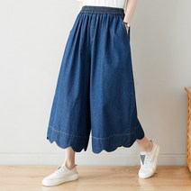 여성 허리밴딩 웨이브 7부 와이드 데님 팬츠