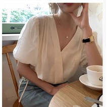 살구색 초선 쉬폰 상의 여 여름 블라우스 퍼프소매 셔츠 디자인감 키다리