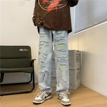 미국식 길거리 찢어진 청바지 남자 여름 bf 유행 브랜드 낡은 스트레이트 디자인 감각 깡패 멋쟁이 길거리 거지 긴 바지