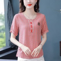 [이꾸띠] 인케잇리 여름 2040 여성 헨리넥 체크 귀여운 그림 시원한 면 마 상큼한 디자인 2컬러 반팔 블라우스