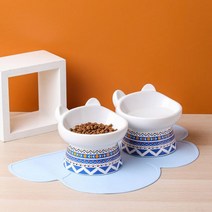댕댕냥냥 애완 동물 고양이 먹이 그릇 높은 발 세라믹 안티 노크 개 밥 그릇은 그릇에 경추 개밥 그릇을 보호합니다652070640680, 두 개의 파란색 기울어진 그릇_도자기 그릇