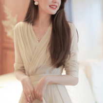 FUAIYOU 봄여성흰색원피스허리 슬림 우아한 여신 쉬폰 주름 원피스