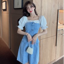 서양식 빈티지한 디자인 퍼프소매 데님 스커트샤콜 소금에 연령 감량 효과 하객원피스 블라우스 치마 여성 여름원피스