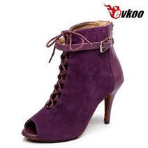 글리에이터 볼륨댄스 Evkoodance 새로운 스타일 보라색 누벅 및 블랙 8.5 cm 힐 높이 전문 볼룸 라틴 댄스 신발 Evkoo-426 발목 플립플랫 반짝이 라틴 여성샌들