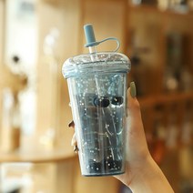 420ml Ins 버블 티 컵 반짝이 물병 이중 레이어 휴대용 텀블러 빨대 플라스틱 커피 뚜껑 누수 방지 컵, 01 Blue_02 420ml