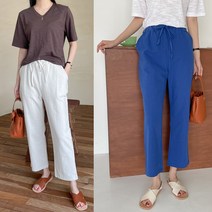 [블루레몬] 스트링 린넨 팬츠 시원한 여름 바지 세미배기 밴딩 베이지 카키 코발트블루 블랙 이지룩 데일리룩 국내제작