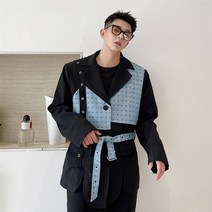 바스켓체크 패치 남성 벨티드 재킷 봄 가을 블레이져 트렌디 댄디룩 내추럴 이지웨어