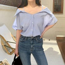 시크블랙 라호미 오프숄더 카라 반팔 블라우스-BL4566K24