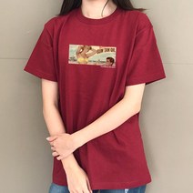 [험블스튜디오] 레트로 프린팅 면 커플 반팔티 버건디