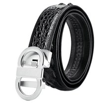 남성용 악어 패턴 가죽 벨트 자동 버클 래칫 드레스 벨트 길이 조절 가능 블랙 실버 글로시 Adjustable from 20