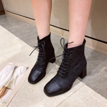 여성 부츠 가죽 앵클 하이힐 5cm 스퀘어헤드 백지퍼 가을 겨울 마틴 신발