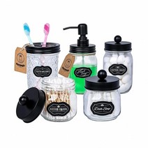 메이슨 자 욕실 액세서리 세트 5피스 욕실 세트에는 거품 메이슨 자 비누 디스펜서 칫솔 홀더 아포테케리 병 3개 컨트리 조리대 소박한 농가 장식 정리함 (실버), Black