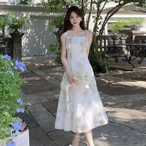 설온 여성 나염 패턴 프릴 끈 나시 롱 원피스 라릴