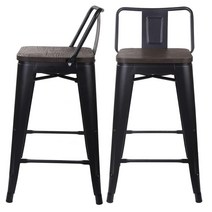 GIA 61cm24인치 카운터 높이 로우 백 메탈 스툴 의자 다크 우드 시트 매트 블랙 2개 세트 702697