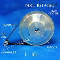 동기 휠 스테퍼 모터 풀리 MXL 16T + 1:10 너비 10mm 기어 감소, 02 5mm 16T 10mm 160T