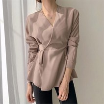오노마 오노마 ONM 브이넥 랩블라우스 허리끈 플레어 블라우스 랩셔츠 (9086472)