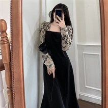 프렌치 칼라 패치 플라워 원피스 2021 이른 가을 헵번 스타일 허리 여신 느낌 롱스커트