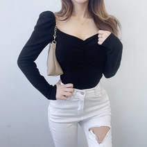 VANANA2 국내제작 여성 하트넥 어깨퍼프 볼륨 블라우스 티셔츠 2color