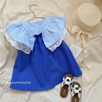 PigPug 한국 아동복 22 여름 여자 아이 블루 레이스 프린세스 스커트 어린이 면포 민소매 스커트