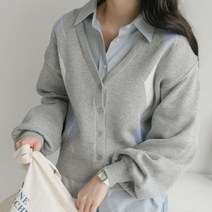 빅걸스토리 여성 봄 아가일 패턴 니트 숏 화사한 브이넥 데일리 가디건