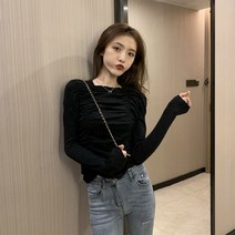주름셔츠 숏맨투맨 여성 차오쿠 디자인감각 보이핏 볼륨 레쉬 상의 슬림핏 긴 소매 초 가을 2424542656, 2XL 블랙