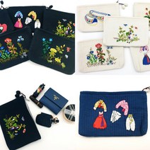 고급 누비 손자수 파우치 초충도 꽃신 한복자수, 아이보리-E형