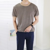 이너프데이 남성 프리미엄 울 하운드 반팔 니트 오버핏 체크 티셔츠