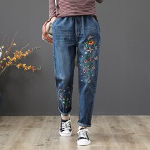 도오빠 가도진 여성 밴딩 청바지 9부 데님 진 스트레이트 팬츠 일자 바지 플라워 꽃무늬 자수 사계절 여자긴바지 프리사이즈