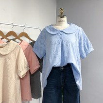 머니크 고방 체크 둥근카라 체형커버 블라우스