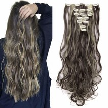 [정품] LELINTA 7피스 클립 16개 61cm(24인치) 웨이브 컬리 풀 헤드 클립, Dark Brown Mix Bleach Blonde
