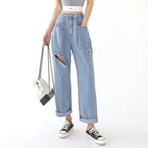 바보사랑 여자 맘진 빈티지 밴딩 와이드 배기 보이핏 청바지.옷자락(무료배송)